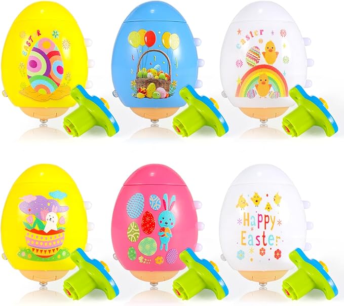 6 PCS Easter Basket Stuffers for Toddler Kids, Light Up & Singing Spinning Top with Flash, Easter Eggs Hunt Party Favor Toy Gifts, Kids Goodie Bag Fillers, Easter Gifts for Boys Girls 3+, Decorations