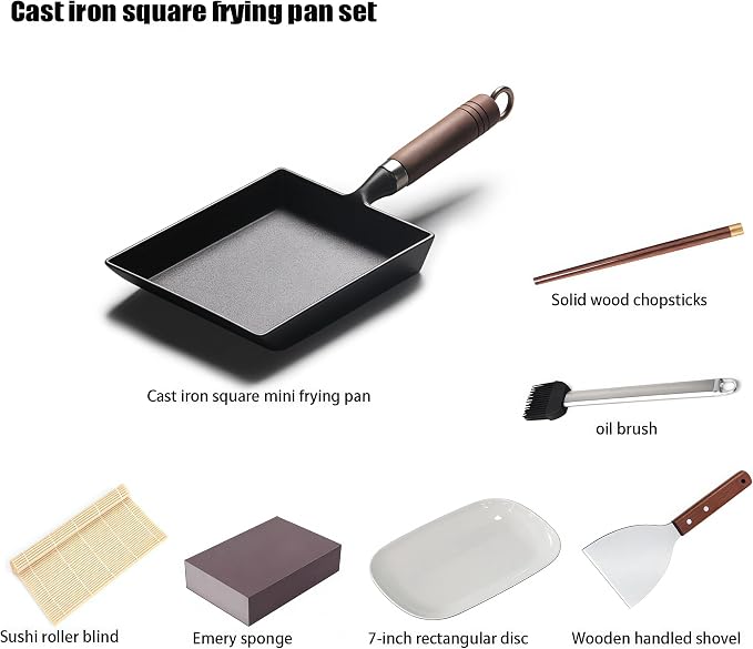 Japanese Cast Iron Tamagoyaki Pan - Pre-Seasoned, Liquid Nitrogen Treated, Non-Rust, Ready to Use, Detachable Wood Handle, Oven Safe, for Omelets, Steak & Camping, Chemical-Free Non-Stick,9x7 Inch