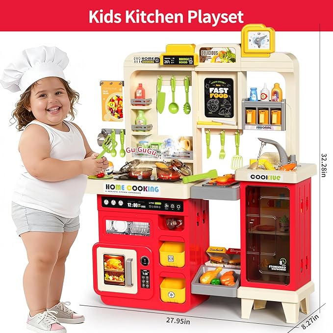 Kids Kitchen Playset, Play Kitchen with Stove, Grill, Sink, Play Food, ToyKitchen Accessories, Cooking Kitchen with Lights Sound Steam, Pretend Play Toys for Kids Toddler Birthday Gifts