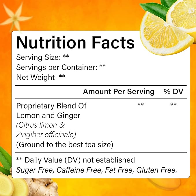 FreshDrinkUS, Premium 75 Lemon Ginger Tea Bags, 100% Natural Ingredients, Hand-made Blend of Lemon and Ginger, Eco-conscious Tea Bags. No Sugar, No Caffeine, No Gluten, Vegan.