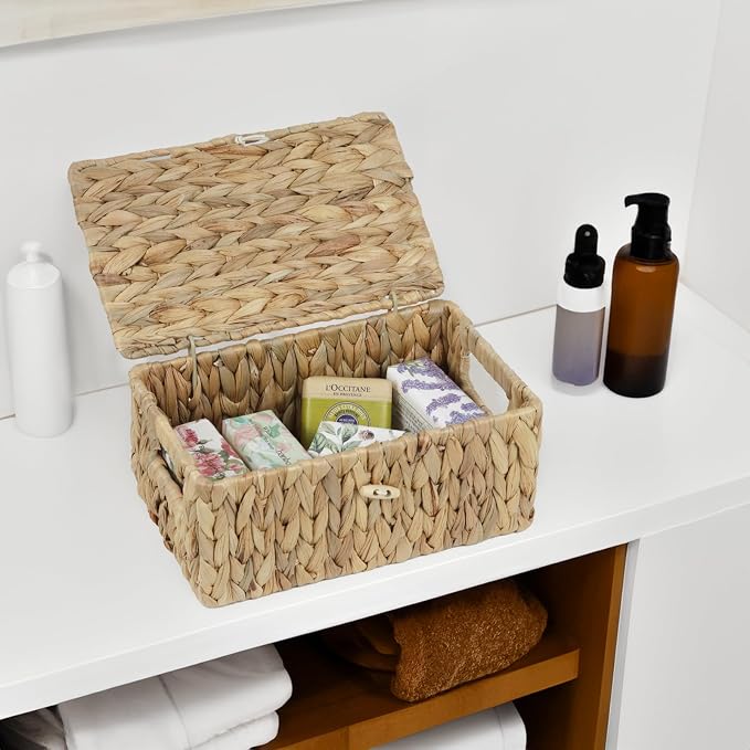 ORDELITE Water Hyacinth Wicker Storage Basket with Lid, Small | Decorative Box, Built-In Handles, Baskets for Organizing, Shelf Organizer Bin, Rectangular Woven Design, 10.2 x 6.3 x 3.9