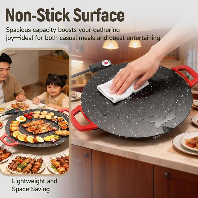 Generic 1500W Electric Korean BBQ Grill, 16 Inch Smokeless Non-Stick Electric Comal, Multifunctional Comal Electrico for Indoor Tortilla Cooking & Grilling, with Oil Brush & Food Tongs. (36cm)