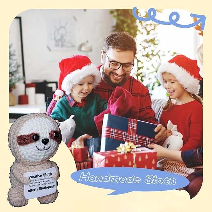 Sloth Gifts, Crochet Positive Support Sloth– Handmade Emotional Cheer Support Funny Sloth Gifts for Friend Coworker Birthday Christmas Stocking Stuffer White Elephant Under 10 Dollars