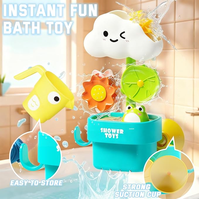 Bath Toys for Toddlers 1-3, Cloud Rain Watering Toy with Rising Frog & Spinning Lotus - Interactive Sensory Water Play Toy for Bathtub, Gift for Boys Girls 18M+