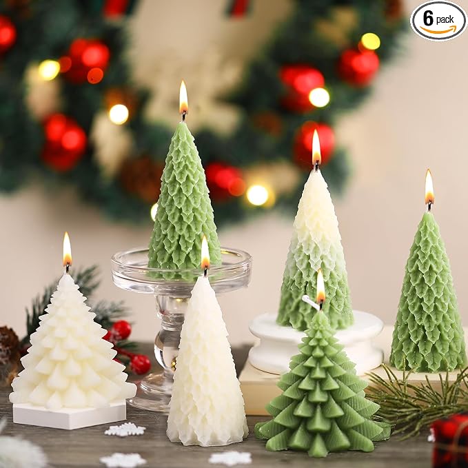 Conelist 6 Pcs Christmas Tree Candles Christmas Tree Shaped Taper Candles Decorative Xmas Wax Scented Candlesticks for Xmas Eve Winter Holiday Home Table Decoration Gift(White, Green,Assorted Style)