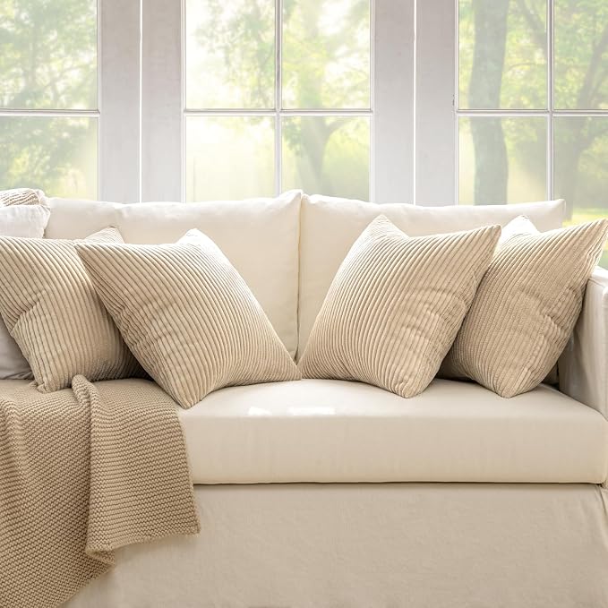 MIULEE Soft Corduroy Decorative Throw Pillow Covers Beige 18x18 | Set of 4, Mordern Nordic Home Decor, All Same Color Set, Boho Farmhouse Cushion Covers for Couch Bed Sofa Living Room