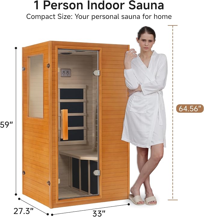 Real Relax Infrared Home Sauna, 1 Person Far Infrared Saunas for Home, Canadian Hemlock Wooden Indoor Sauna Room with LCD Control Panel, Bluetooth Speakers