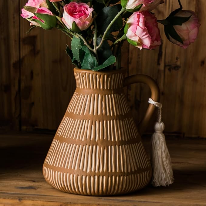 Mowtanco Rustic Farmhouse Vase with Handle and Tassel, Vertical Stripes Terracotta Pottery - Vintage Ceramic Clay for Home Décor, Shelf, Table, Bookshelf, Mantle, Entryway
