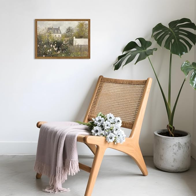 Framed Vintage Wall Art, Cottage Rose Garden Landscape Pictures Wall Decor Paintings, Rustic Spring Farmhouse Canvas Prints Aesthetic Home Decor for Living Room Bedroom Bathroom 16x24 inch