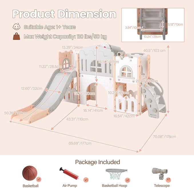 OLAKIDS Toddler Slide, 9 in 1 Kids Indoor Outdoor Playground with Climber Basketball Hoop Telescope Tunnel Corridor Toy Storage Steering Wheel for Boys Girls Aged 1+ (Pink)