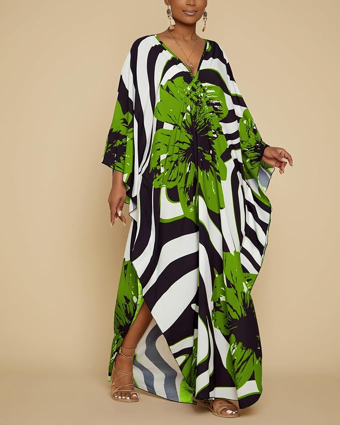 Bsubseach Kaftan Dresses for Women Floral Print Plus Size Beach Cover Up | Lightweight V Neck Loose Fit Boho Dress, Batwing Sleeve Side Slit, Moo Moos for Women Home Loungwear Cruise Resort Wear