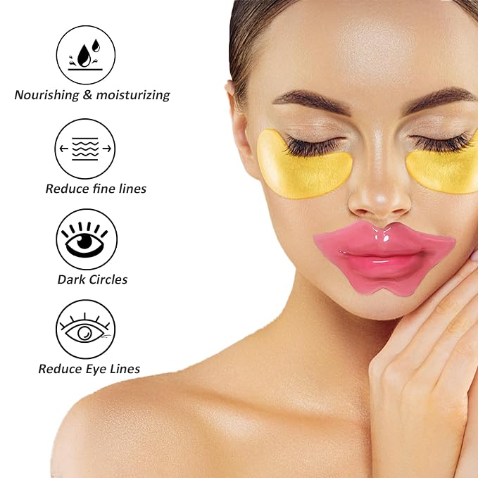 32 Pairs Eye Masks & Lip Masks, 24K Gold Gel Crystal Collagen Eye Patches for Puffy Eyes, MoisturizingLip Mask Pink Lip, Anti-Aging Eye andLip Masks for Reducing Fine Lines & Dark Circles