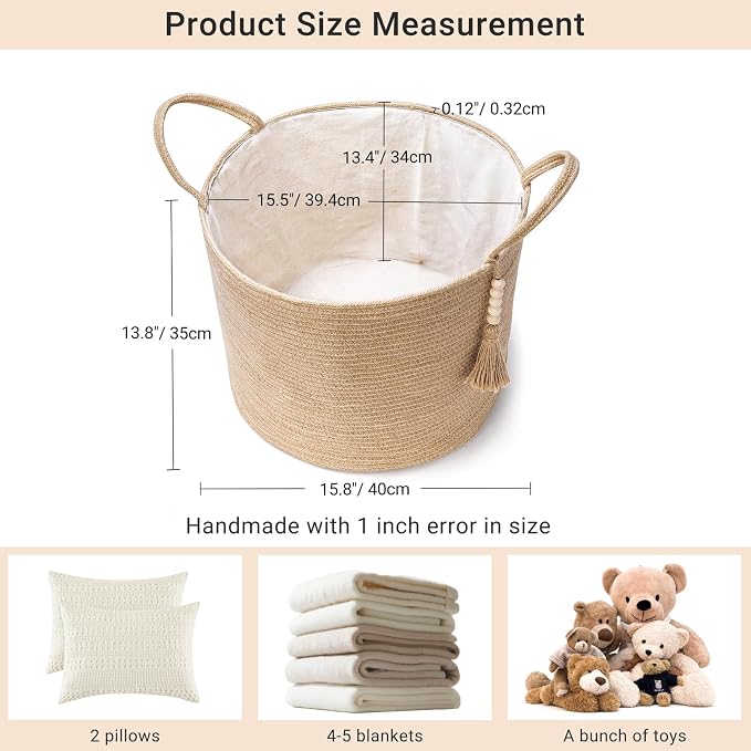 Mkono Woven Storage Basket for Blanket, Toys Plant Organizer, 16"W x 13.8"L | Brown, Jute, Decorative Basket with Handle, Wood Beads Tassel, Shoes Towel Clothes Storage Bin, Living Room Bedroom Nursery