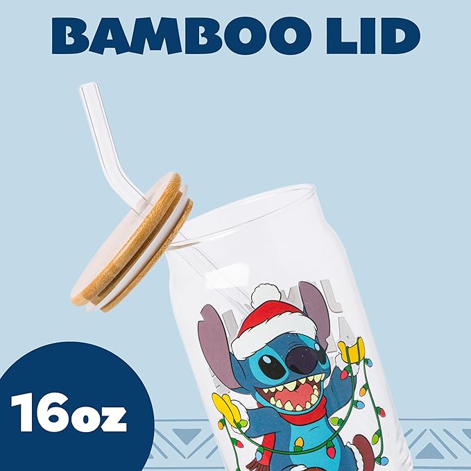 Silver Buffalo Disney Lilo and Stitch “Jingle All the Way” Glass Tumbler with Bamboo Lid and Glass Straw Featuring Stitch, 16 Ounces