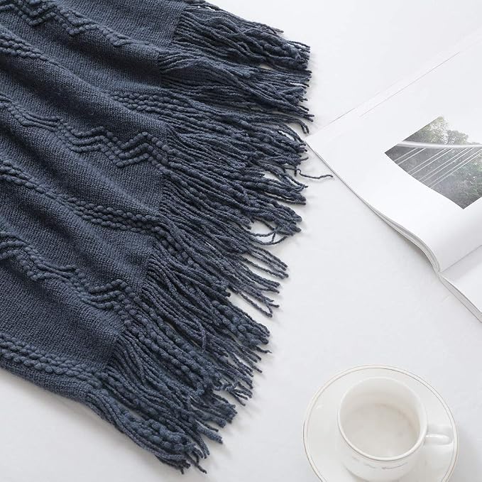 BOURINA Navy Throw Blanket 60x80 Inch Boho Knitted Soft Throw Sofa Blanket | Knitted Throw Blanket 60x80 Inches, Soft Lightweight Boho Weave Throw Decorative Couch Blanket for Living Room Bedroom Chair