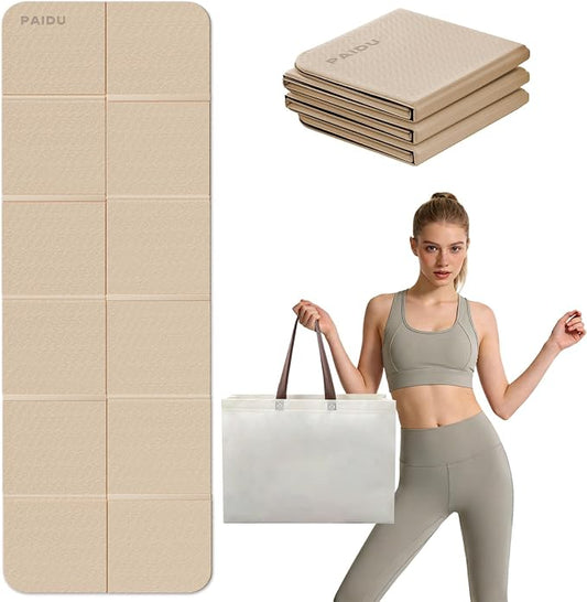 PAIDU Foldable Yoga Mat for Travel, 70"x24"x0.31" (8MM) TPE Double-Sided Non-Slip Pilates Mat with Carrying Bag for Yoga, Pilates, Fitness and Home/Outdoor Workouts