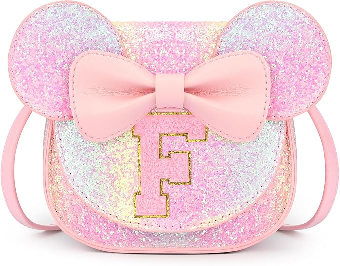 mibasies Toddler Purse Girl Gifts: Girls Birthday Gifts for 3-8 - Toys for Ages 2-4 Girls Mouse Ears Purse, Glitter Rainbow, Letter F