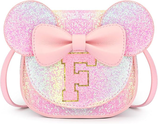 mibasies Toddler Purse Girl Gifts: Girls Birthday Gifts for 3-8 - Toys for Ages 2-4 Girls Mouse Ears Purse, Glitter Rainbow, Letter F