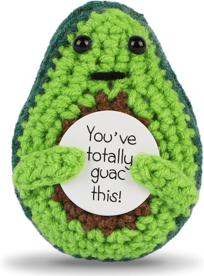 Hoedia Handmade Emotional Pickle Gift, Cucumber Crochet Doll Inspirational Gifts with Cards, Cute Knitted Funny Support Pickle Avocado Friend Birthday (Positive Avocado)