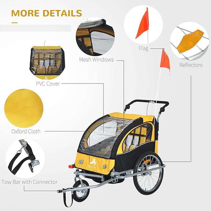 Aosom Elite 360 Swivel Bike Trailer for Kids Double Child Two-Wheel Bicycle Cargo Trailer with 2 Security Harnesses