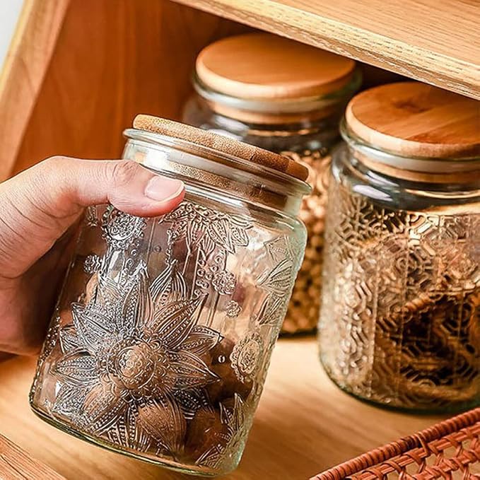 Vintage Glass Jar with Lid, 23.7oz Coffee Canister | Airtight Glass Food Storage Container, Kitchen Canister for Coffee, Tea, Sugar, Candy, Cookie, Decorative Jar, Cute Jar