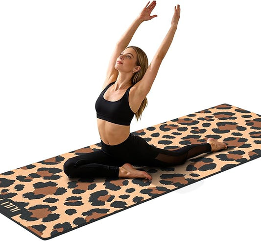 ILILI Yoga Mat Leopard Print Yoga Mat 8mm, Suede & TPE Thick Exercise Mat, Workout Mat for Women Men, 72''x25'' Fitness Mat with Strap for Home Gym, Yoga, Pilates, Stretching