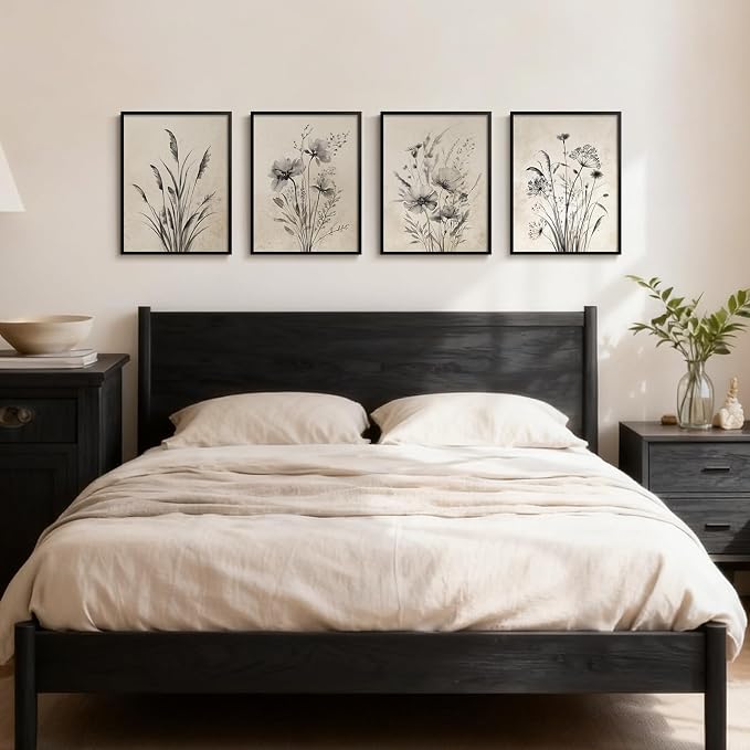 Framed Vintage Rustic Farmhouse Botanical Floral Wall Art, 4 Piece 11x14 In | Retro neutral flower pictures, Waterproof canvas prints, Ready to hang artwork, Kitchen bedroom hallway wall decor