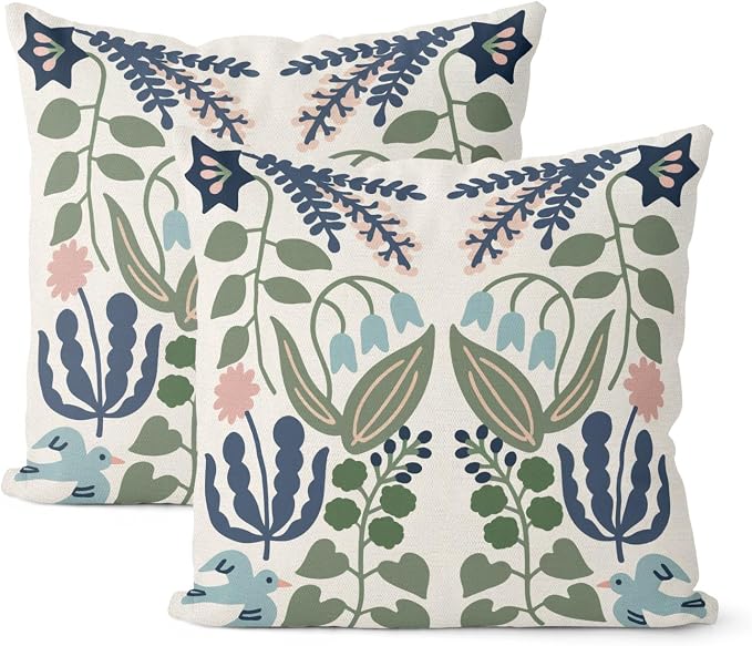 Boho Navy Blue Green Flower Pillow Covers 18x18 Inch Set of 2 Sage Green Floral Throw Pillows Vintage Flower Outdoor Pillowcase Linen Seasonal Decorations Farmhouse Cushion Case for Sofa Home