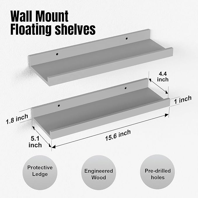 Boswillon Floating Shelves Set of 2, Small Wall Shelf with Lip, 16in, Grey | Display Ledge Shelf for Room Wall, Wall Decor Shelves for Bathroom, Living Room, Bedroom, Kitchen, Nursery Room, Modern, Wood