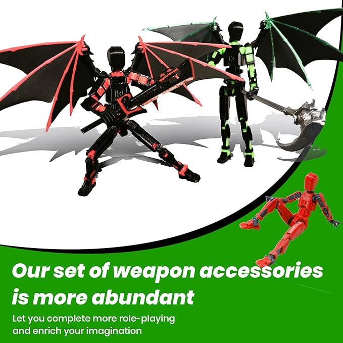 (Assembly Completed) T13 Action Figure Set,Dummy 13,Articulated Robot with Demon Wings, Titan 13 Robot,Mision 13,t13 Action Figure Accessories(Green Black)