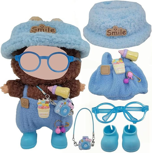 Doll Clothes Outfit and Accessories Suitable for 17cm Dolls, 5 Piece Set Romper Hat Camera Backpack Glasses Shoes (No Doll) Blue
