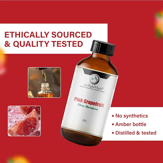 Pink Grapefruit Essential Oil Cold Pressed Citrus Paradisi Peel Oil Fresh Citrus Aroma Top Note Essential Oil for Aromatherapy Diffuser Skincare Haircare and Natural DIY Cosmetic Blends - 4 Fl oz