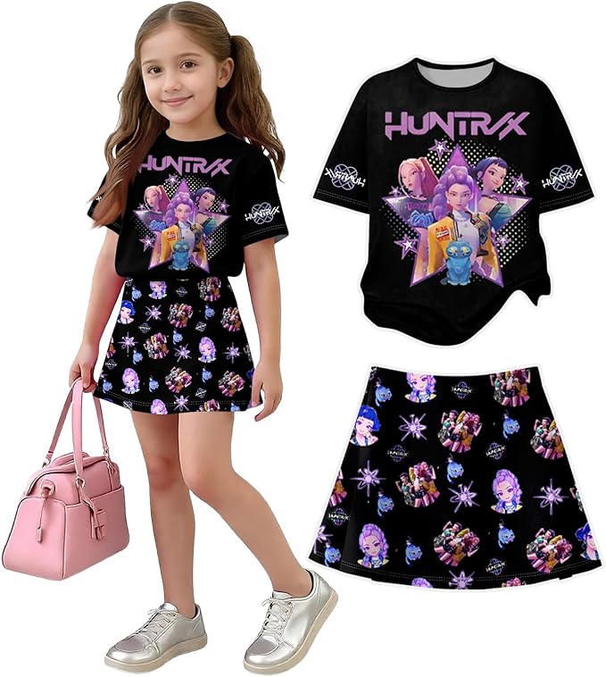 HTHLVMD K Pop Short Sleeve T-Shirt and Skirts Outfits Set for Girls Hunters Rumi Mira Zoey Graphic Tees De-Mon Costume