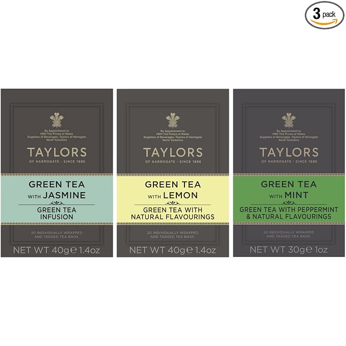Taylors of Harrogate Green Tea Variety Pack, Individually Wrapped Bags, Jasmine, Lemon, Mint 20 Count (Pack of 3), Caffeinated, Enjoy Hot or Iced, 60 Teabags