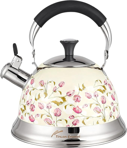 Stainless Steel Whistling Tea Kettle Stovetop - 3.1QT Tea Pot for Stove Top, Vintage Floral Print, Foldable Handle, 304 Stainless Steel Interior Teatop for Tea, Coffee, Party & Gift