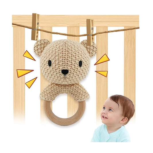 Teddy Bear Baby Rattle Toy 0-6 Months Crochet Knitted Plush Stuffed Animal Teether Natural Wood Ring Cute Bear Baby Gift Gentle Sound Shaker for Newborn Infant Crib Soothing Sleep Aid Gift
