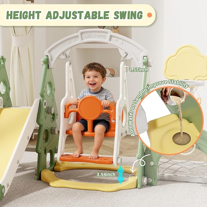 XJD 6-in-1 Toddler Slide and Swing Set, Kids Slide for Toddlers Age 1+, Toddler Outdoor Playset with Basketball Hoop, Football Frame, Swing, Christmas Birthday Gifts for Kids (Green)