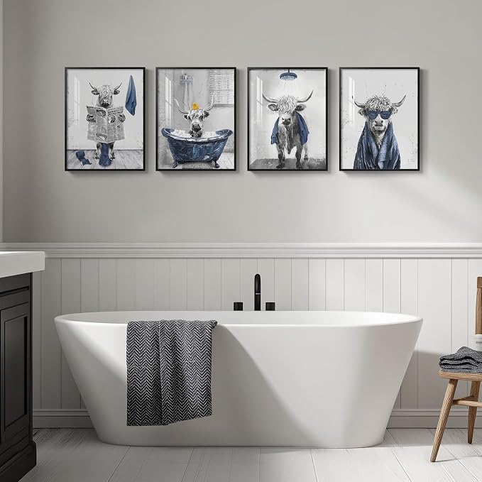 Framed Funny Highland Cow Wall Art for Bathroom Decor, 4 Piece Navy Blue Prints Paintings Artwork for Walls, Fun Cute Cow Sitting on Toilet in Bathtub Pictures for Bathroom Wall Decor 12x16 Inch