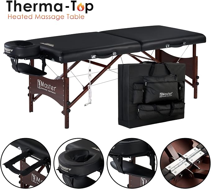 Master Massage 30" Roma Therma Top Heated Portable Massage Table, Wide Salon Spa Beauty Facial Bed with Adjustable Heating System, Face Pillow, and Carrying Bag (Black)