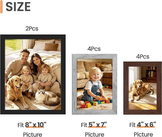 upsimples 10 Pack Picture Frames Collage Wall Decor for Mounting or Tabletop Display, Photo Gallery Frame Set for Family, Multi Sizes Including 8x10, 5x7, 4x6, Black Gray Brown | Black Brown Gray Multi Picture Frames Collage Wall Decor , Gallery Wall F...