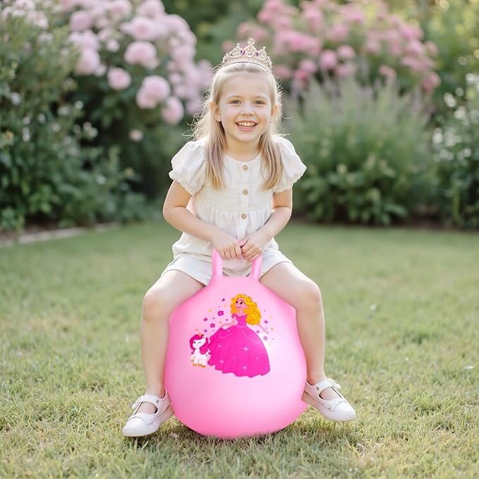 ZOOJOY Princess Hopper Ball, 18 Inch Bouncy Ball with Handle for Kids Aged 3-8, Inflatable Jumping Toys for Girls Boys, Pink Hopping Toys Gift with Pump