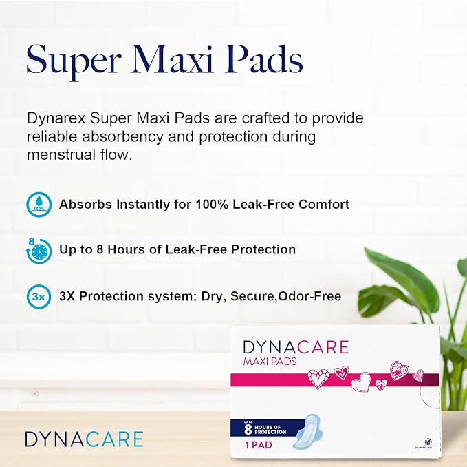 Dynarex Super Maxi Pads Without Wings - High Absorbency Feminine Santiary Pads, Curved Design, Leak-Free Protection, Unscented, 250/Box