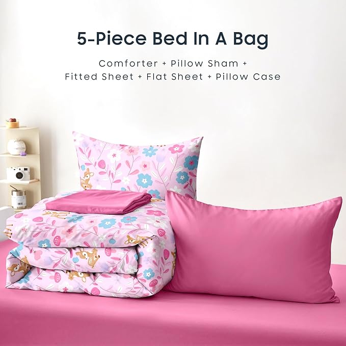 Wake In Cloud - Floral Bedding Set for Girls, Cute Colorful Botanical Flowers Deers Patterned Soft Lightweight Comforter Set with Sheets, 5 Pieces Kids Bed in a Bag, Pink, Twin Size