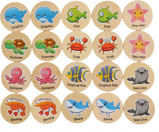 Memory Game for Kids, 20Pcs Wooden Flash Cards for Toddlers Memory Matching, Educational Sea Animal Toys Preschooler Early Memory Practice Development, Car Plane Activities, Gifts for Boys Girls