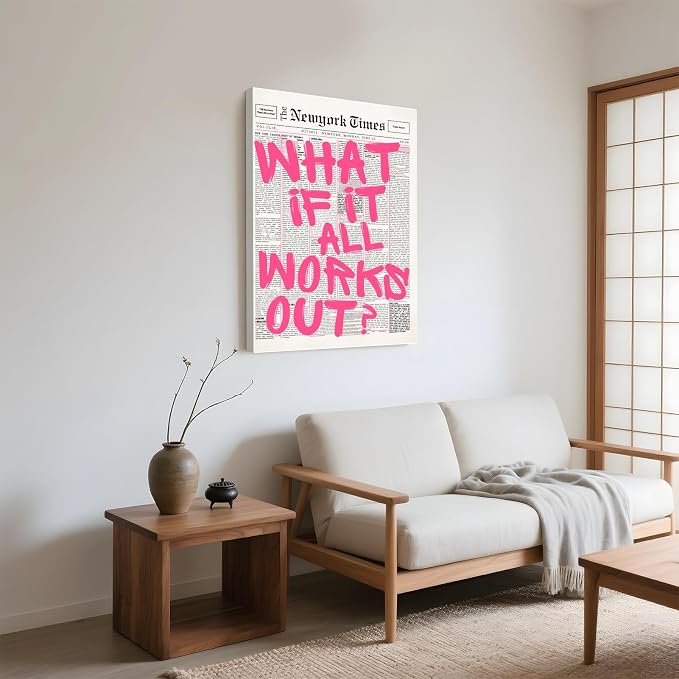 What If It All Works Out Poster Retro Newspaper Pink Wall Art Positive Affirmation Quote Minimalist Canvas Painting Prints Wall Decor Aesthetic for Home Bedroom Office 8x12inch Wrapped Framed