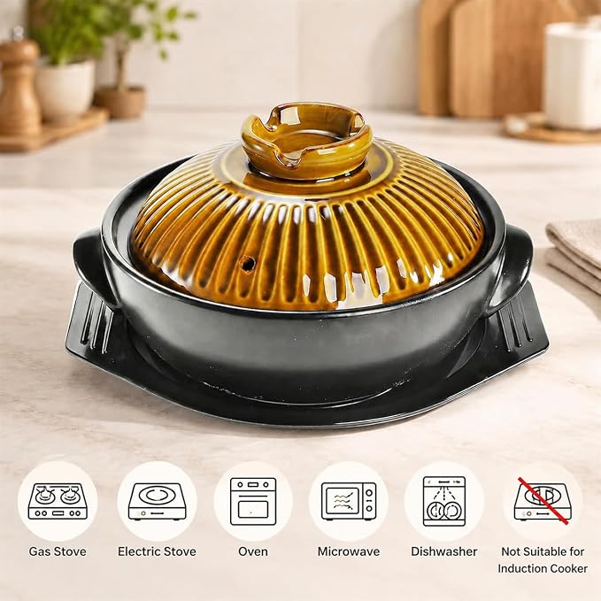 Okllen Large Korean Ceramic Bowl with Lid and Platter, 54 oz Clay Pot for Cooking, Sizzling Hot Pot for Dolsot Bibimbap, Soup, Casserole, Rice, Stew, Noodle