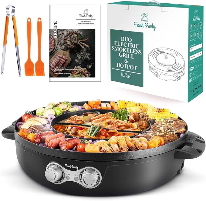 Food Party Hot Pot Electric Korean BBQ Grill Combo Hotpot Smokeless Indoor Grill 16.5" Detachable Easy Cleaning 110V 1800W Shabu Shabu Pot with Divider