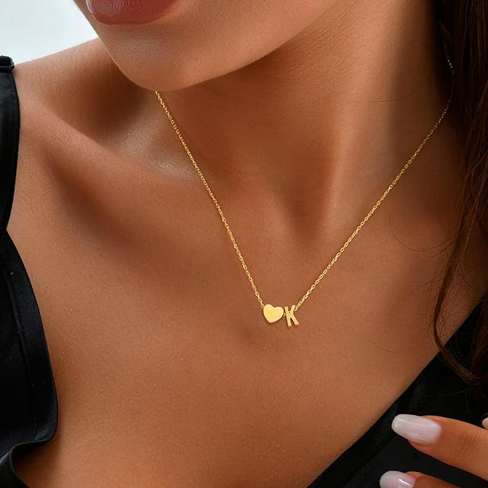 Heart Initial Necklaces for Women Girls, 18K Gold Plated A-Z Initial Necklace Tiny Heart Necklace Dainty Gold Initial Necklaces for Women Trendy Jewelry Gifts for Teen Girls