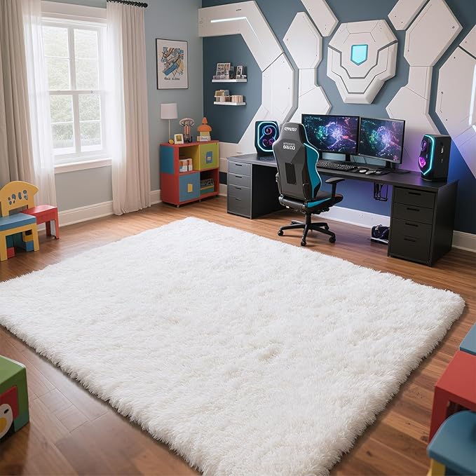 yongyangjuxin Fluffy Rug Shag Area Rug, White 8x10 Area Rugs for Living Room, Large Shag Area Rugs for Bedroom Room Home Decor, Upgrade Anti-Skid Rectangular Fuzzy Rugs