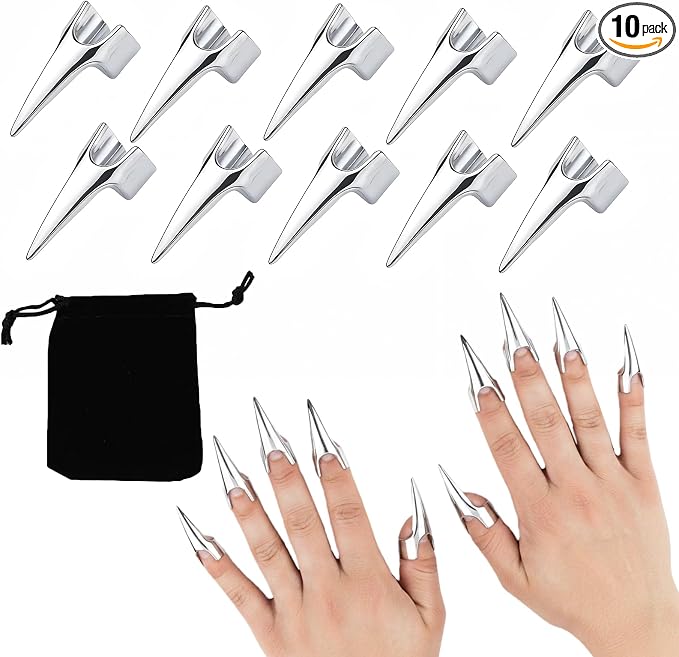 10 Pack Metal Back Scratcher Claw Rings for Women & Men – Silver Finger Nail Covers for Massage, Pet Scratching, Hair Parting, Cosplay, Stress Relief, Tickler Tools, Durable & Comfortable